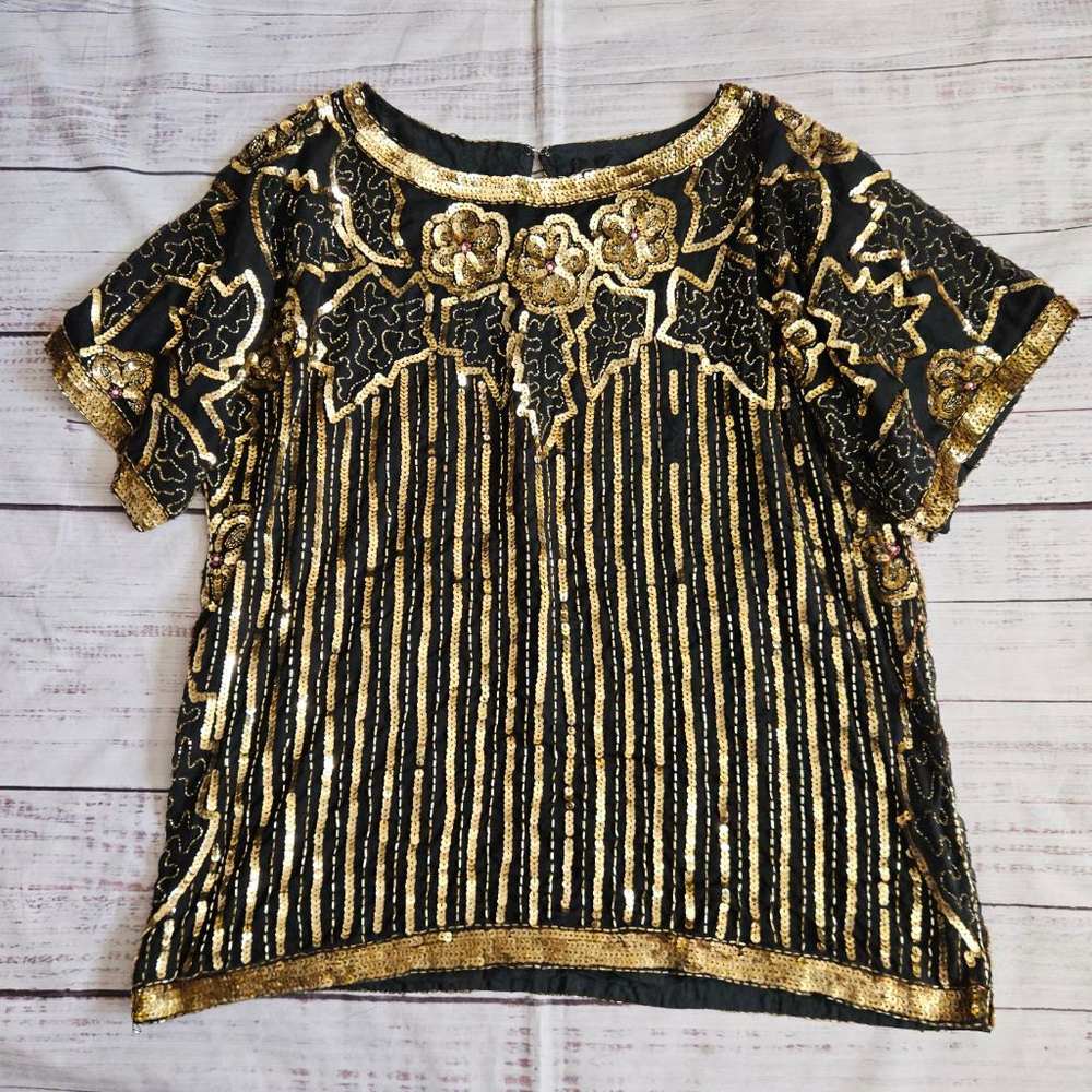Jean For Joseph Le Bon Pure Silk Gatsby Black Gold Blouse Womens XL NWT